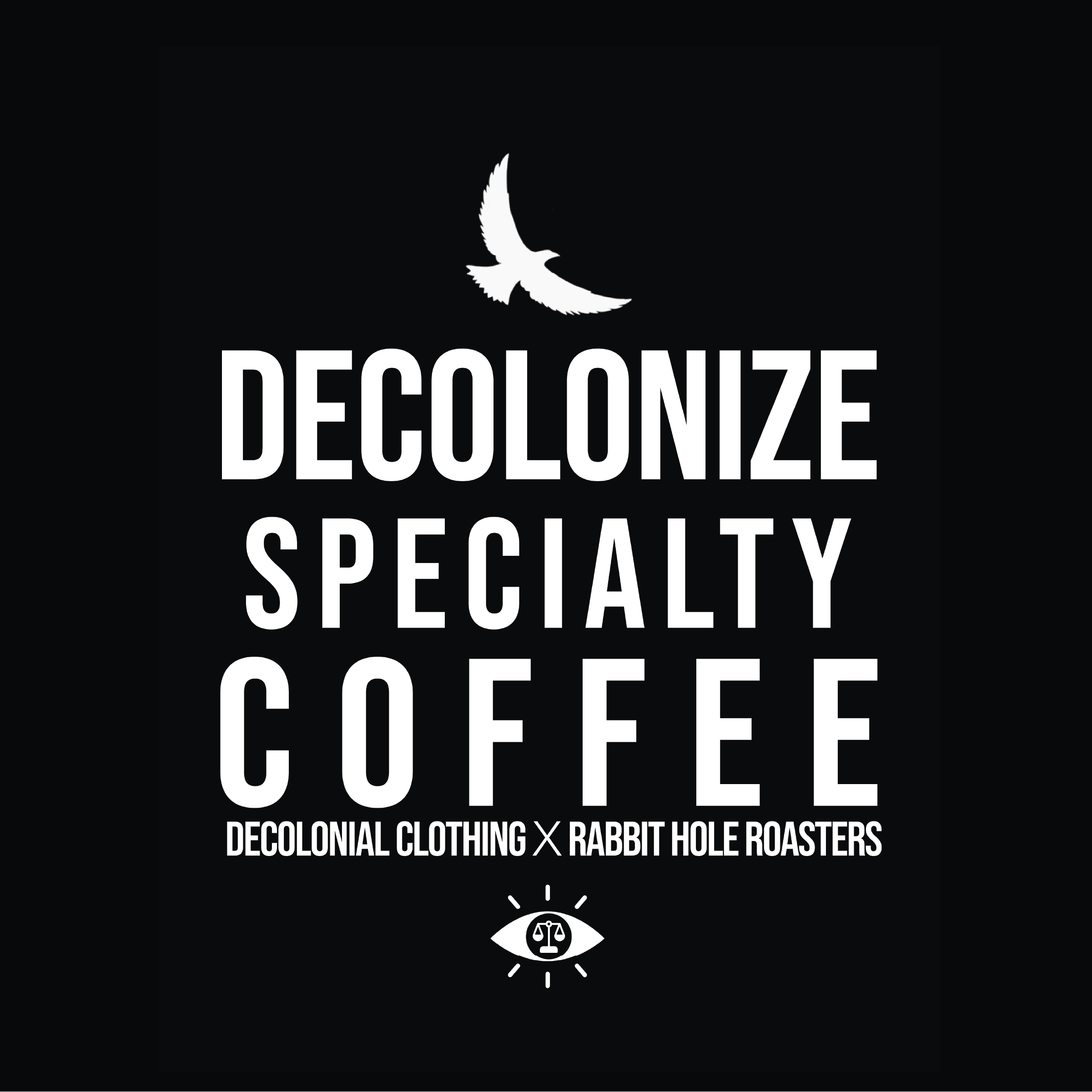 Black background with white text 'Decolonize Specialty Coffee' and logos.