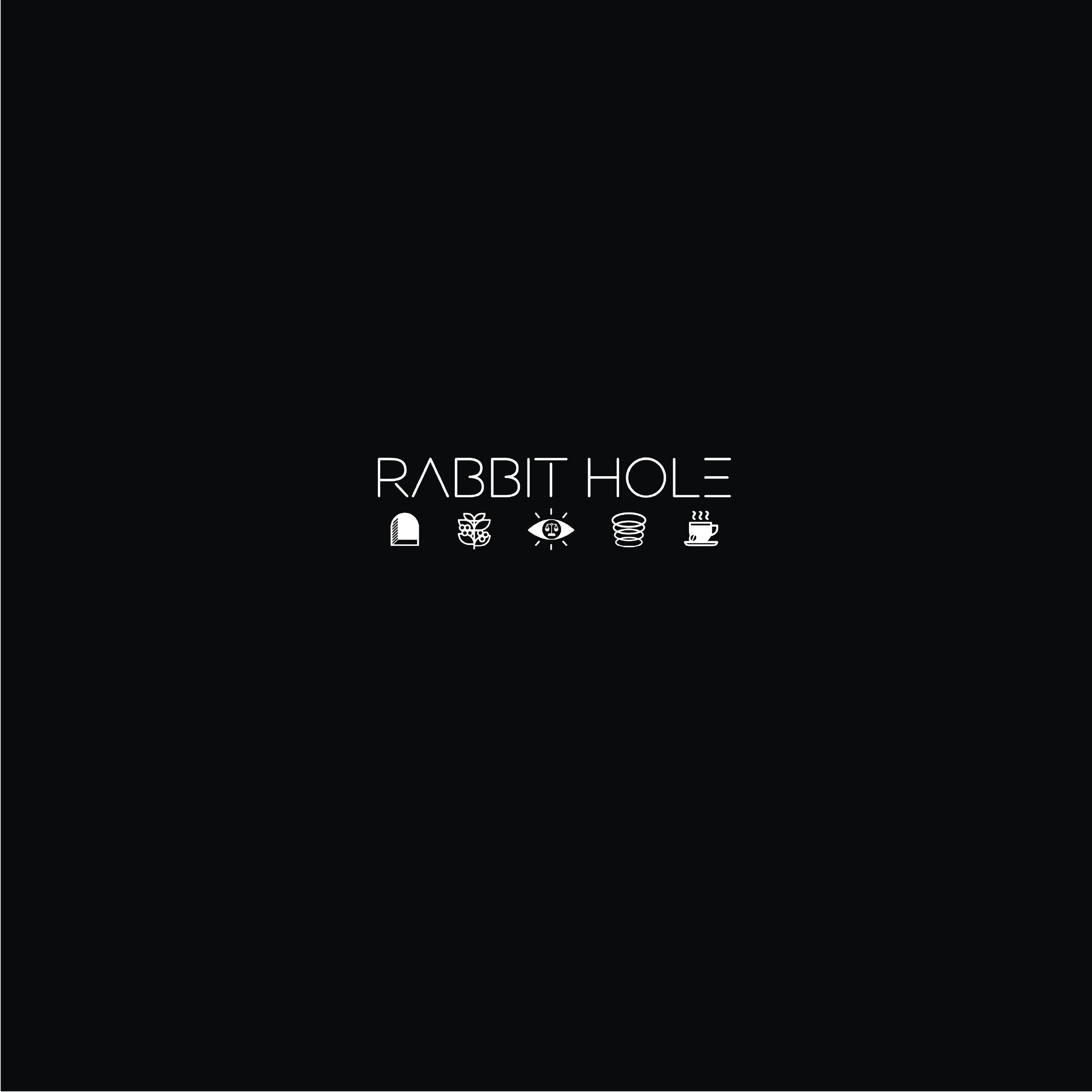 Black background with white text 'RABBIT HOLE' and icons below on a black background
