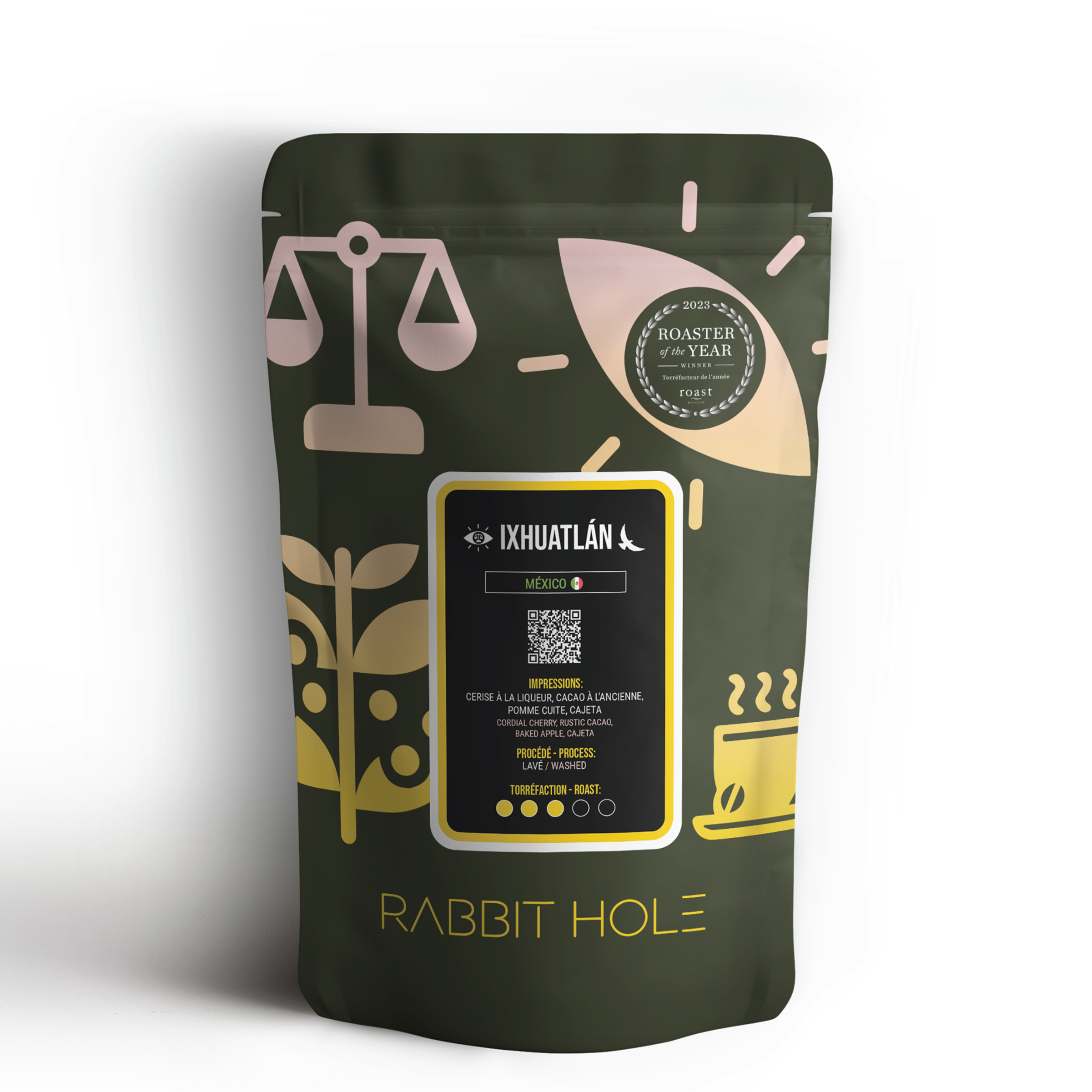 Dark green coffee packaging with brand logo and graphics on a white background