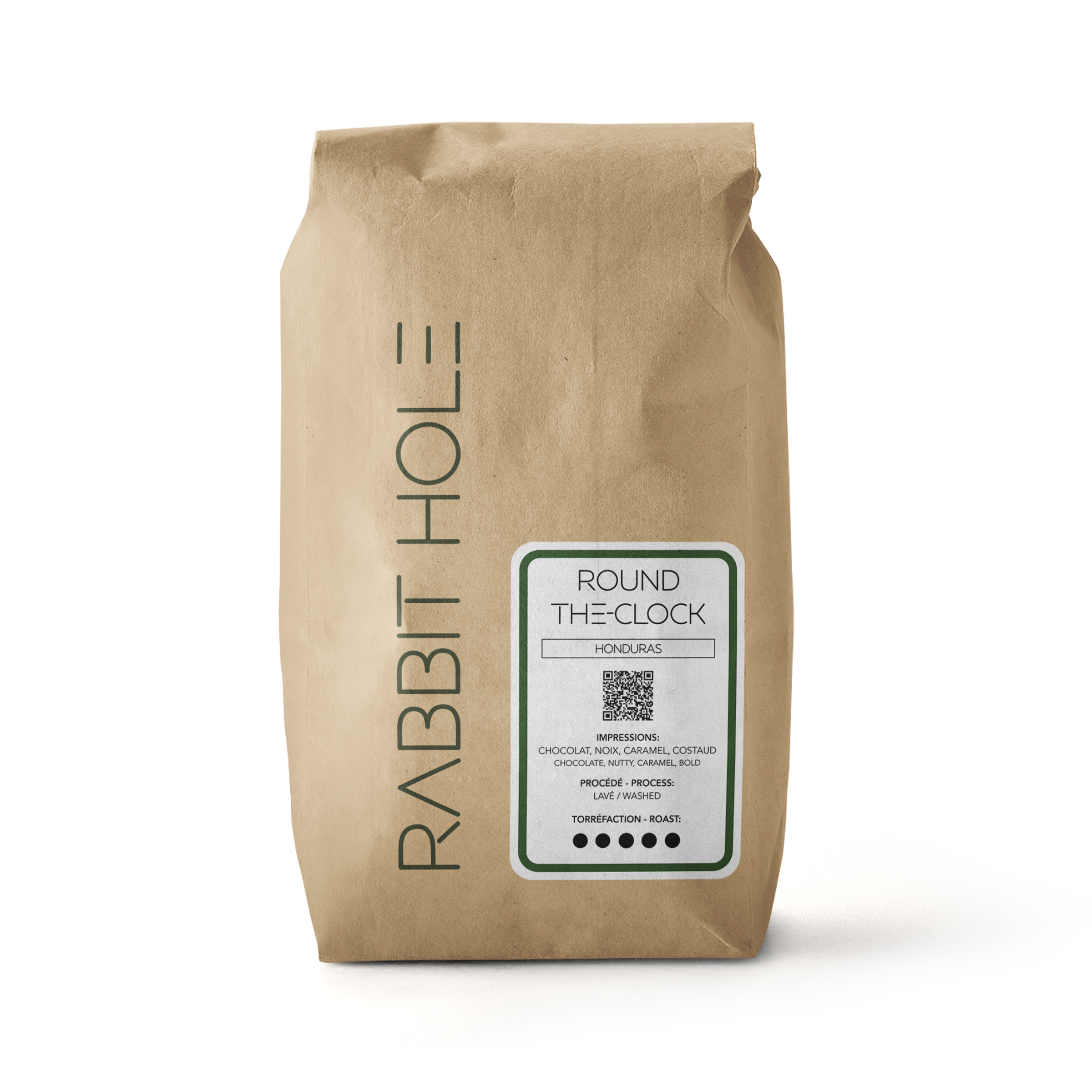 Rabbit Hole Kraft 1kg and 2kg Coffee Bag for Round The Clock Dark Roast