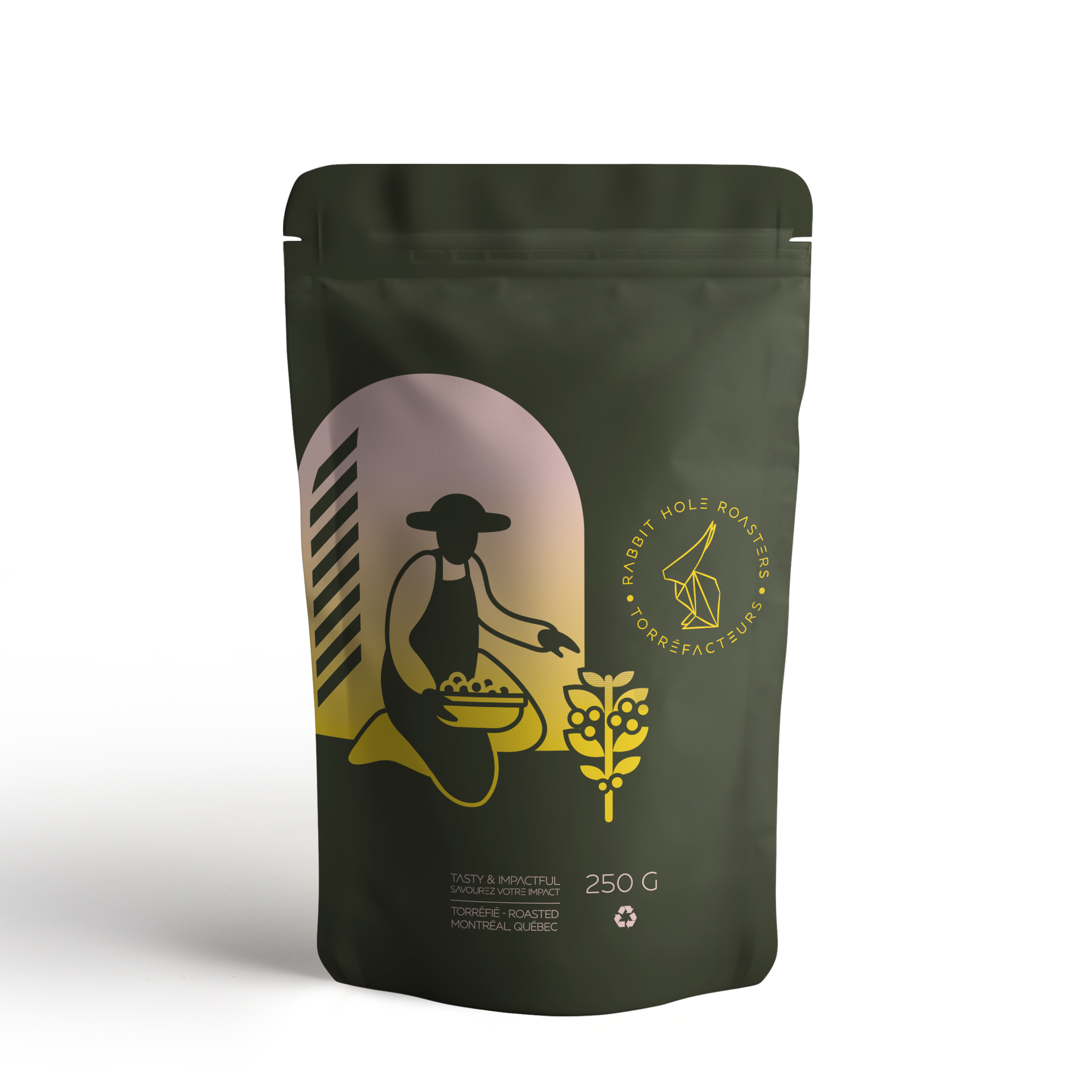 Rabbit Hole back of coffee bag with the focus on origin - farmer and coffee plant 