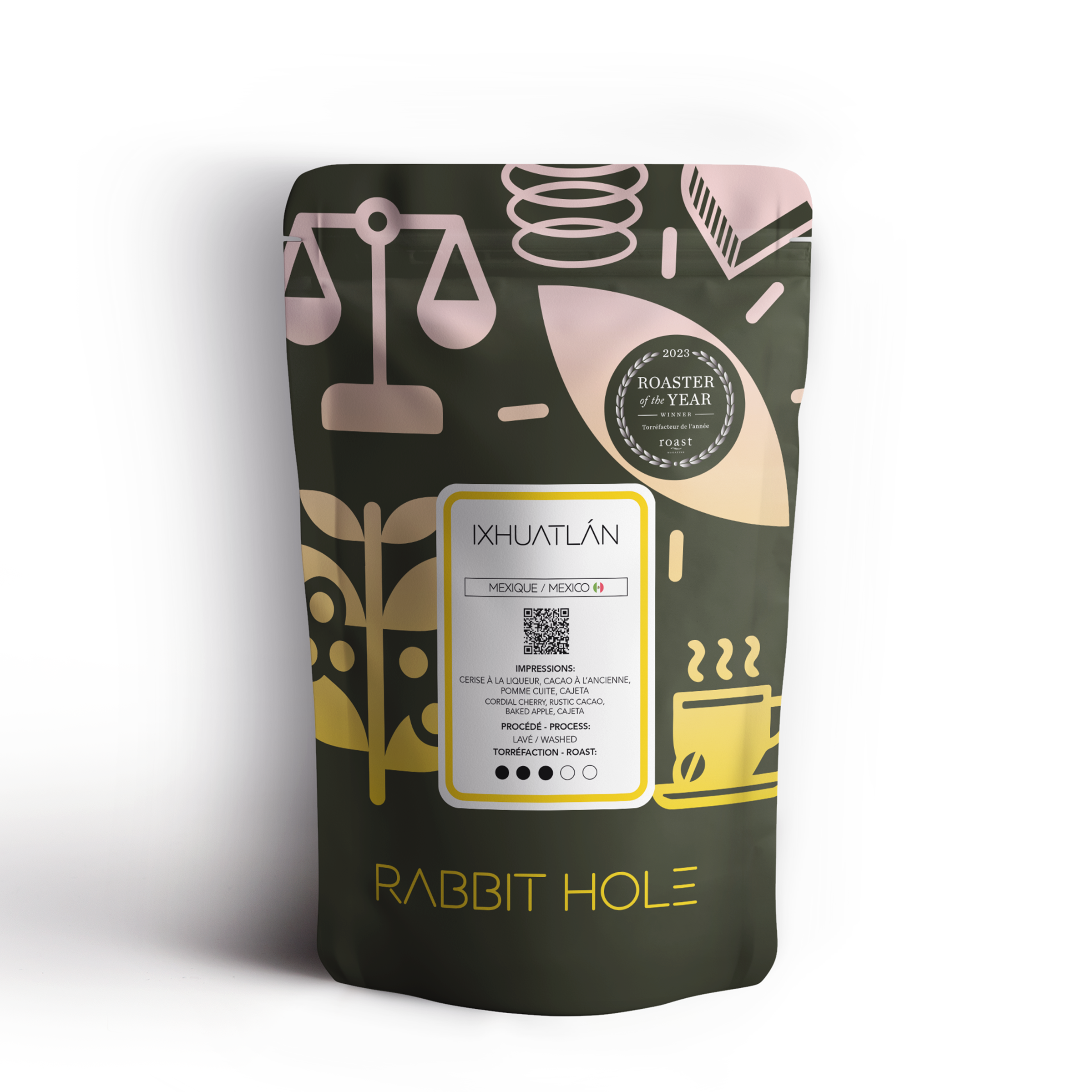 Rabbit Hole Roasters coffee bag packaging with decorative elements and branding on a white background